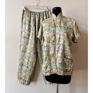 Vintage 60s Peony Brand Pajama Set Women’s XL Satin Asian Print Top Pants